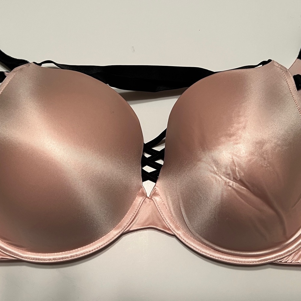 Torrid Blush Satin Bra with Black Straps XO BOOST PLUNGE